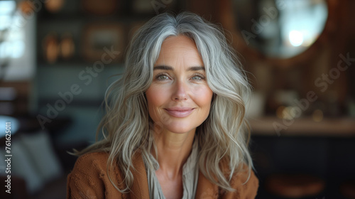 closeup of beautiful elder woman with grey hair