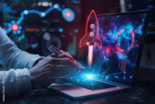 Concept for new business, entrepreneur use laptop show of  rocket icon virtual screen for new business grow up. Neon rocket icon, Man using laptop computer at office background with copy space