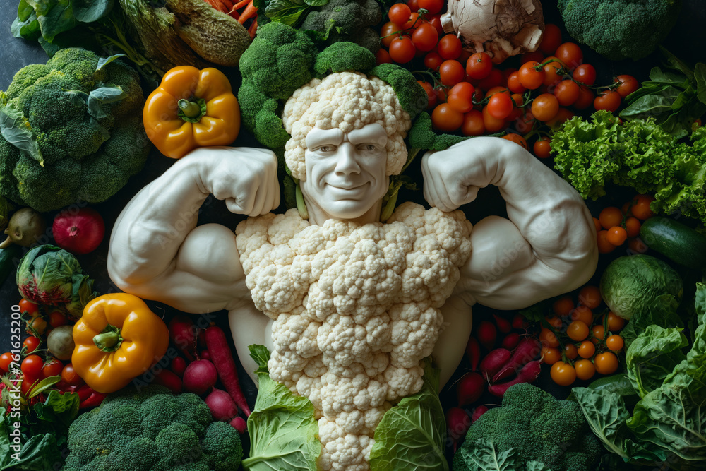 cauliflower man flexing his strong healthy muscles - obrazy, fototapety, plakaty 