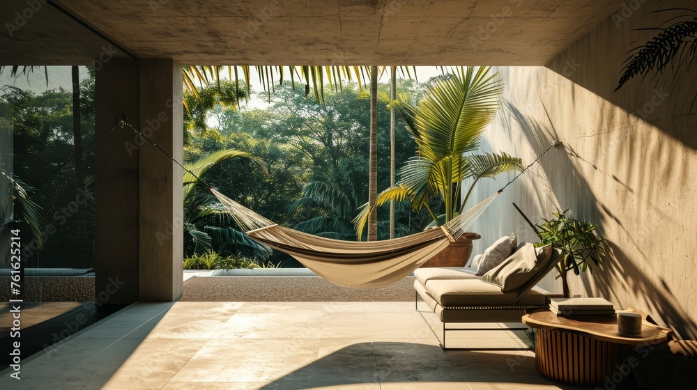 A minimalist outdoor terrace with a solitary hammock and a palm tree     AI generated illustration