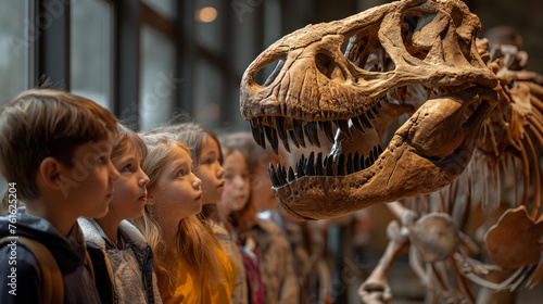 young class of children looking at dinosaur skeleton in museum © Viorel Sima