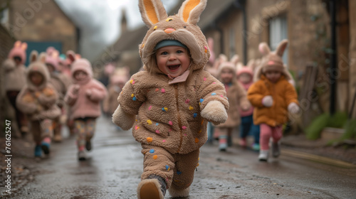 children dressed as easter bunnies walking down the streets