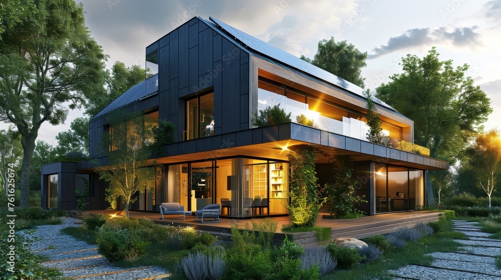 A modern eco-friendly house with solar panels and sustainable materials AI generated illustration A modern eco-friendly house with solar panels and sustainable materials AI generated illustration