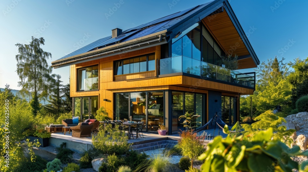 A modern eco-friendly house with solar panels and sustainable materials    AI generated illustration