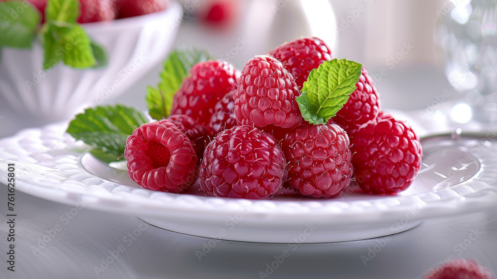 Plate of fresh raspberries with mint. Plate of fresh raspberries with mint.