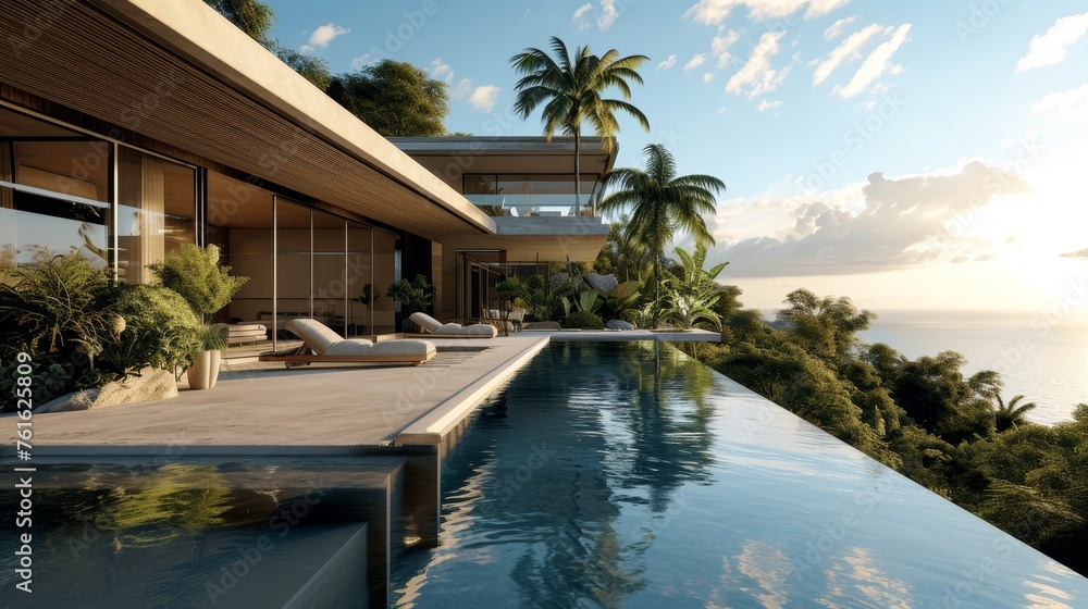A modern villa with a sleek design infinity pool and tropical landscaping AI generated illustration A modern villa with a sleek design infinity pool and tropical landscaping AI generated illustration