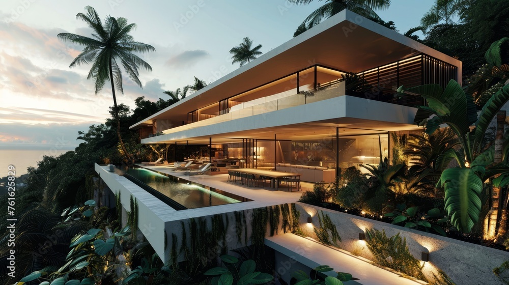 A modern villa with a sleek design infinity pool and tropical landscaping AI generated illustration A modern villa with a sleek design infinity pool and tropical landscaping AI generated illustration