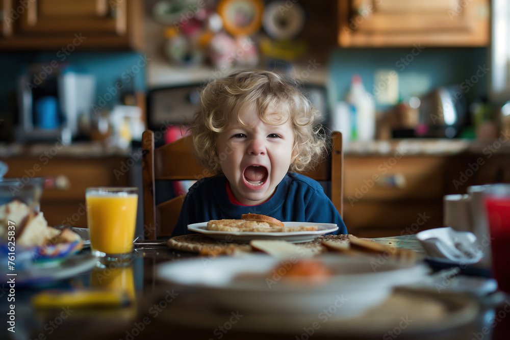 Child being picky about food and crying behind breakfast table, copy space on kitchen background - obrazy, fototapety, plakaty 