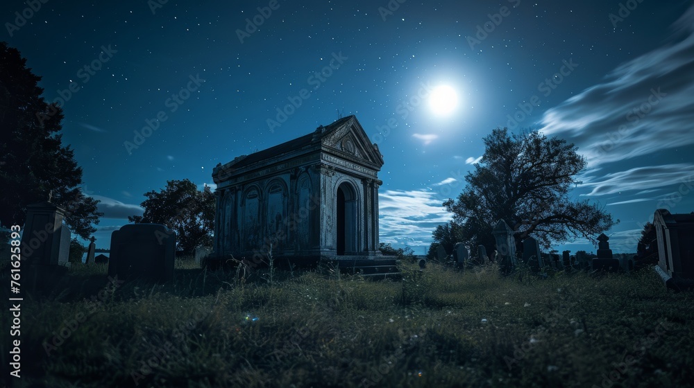A moonlit mausoleum standing solitary in an empty graveyard AI generated illustration A moonlit mausoleum standing solitary in an empty graveyard AI generated illustration