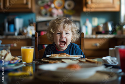 Child being picky about food and crying behind breakfast table, copy space on kitchen background photo