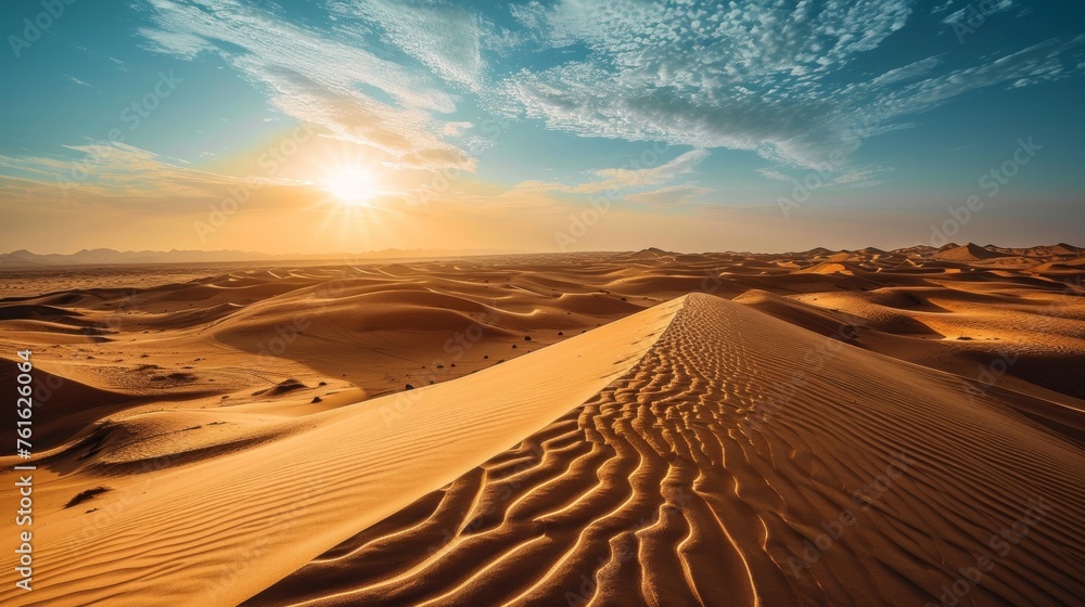 A panoramic view of deserted sand dunes under the burning sun     AI generated illustration