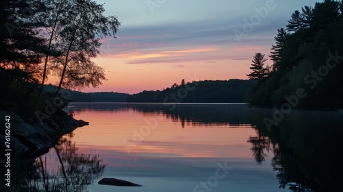 A peaceful twilight glow over serene lake waters     AI generated illustration © Olive Studio