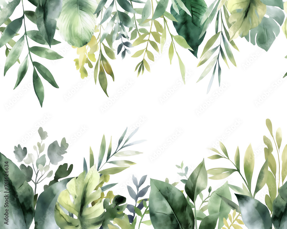 Fototapeta Lush tropical leaves in a watercolor style forming an elegant border with a large white space for text or presentation