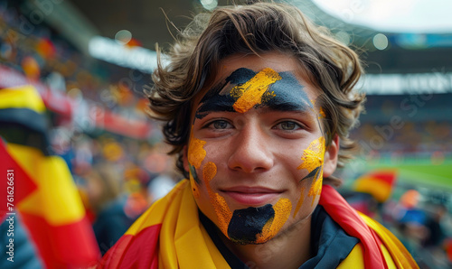 Vibrant Portrait of a Joyful male Spain Supporter with a Spanish Flag Painted on His Face, Celebrating at UEFA EURO 2024