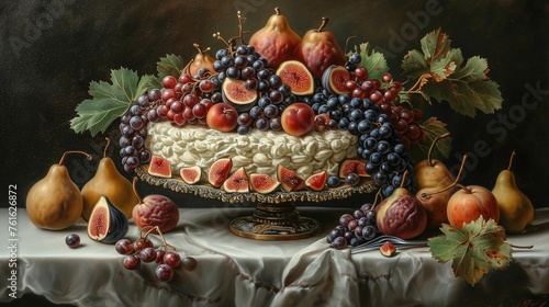 Extravagant Baroque Fruit-Covered Cake, generative ai