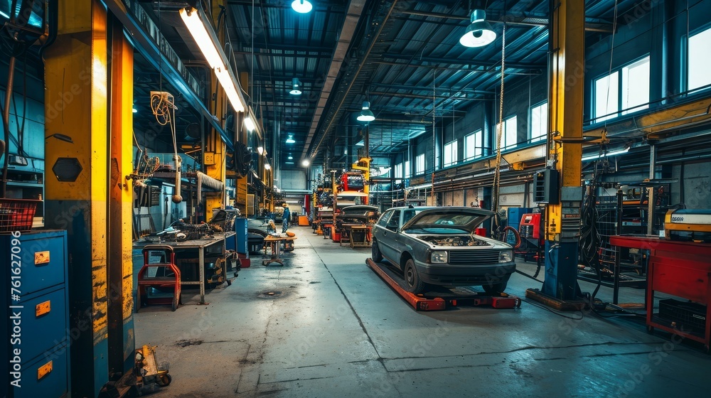 A productive automotive repair shop with car lifts tools and skilled mechanics illustrating expertise in vehicle maintenance     AI generated illustration