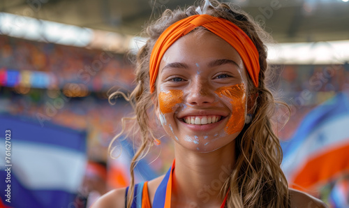Vibrant Portrait of a Joyful Female Dutch Supporter with a Dutch Flag Painted on Her Face, Celebrating at UEFA EURO 2024 photo