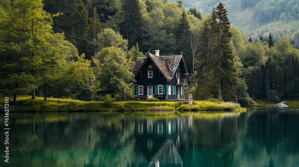A quaint house resting solitary at the edge of a placid lake     AI generated illustration