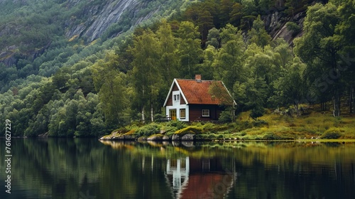 A quaint house resting solitary at the edge of a placid lake AI generated illustration