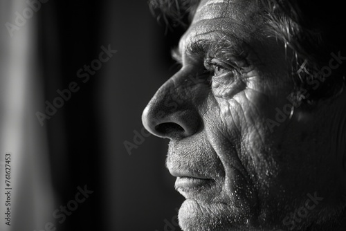 A profile shot of a man in a reflective mood. The black and white effect emphasizes the contours and emotion on his face