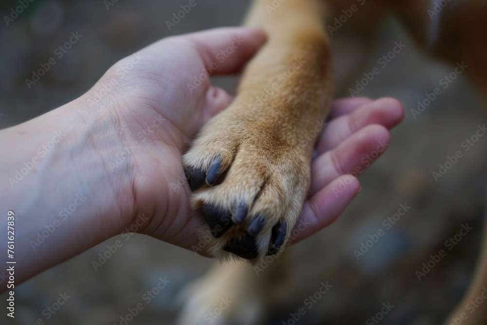 A human hand gently holding a dog's paw, a tender gesture that suggests companionship and trust between human and animal