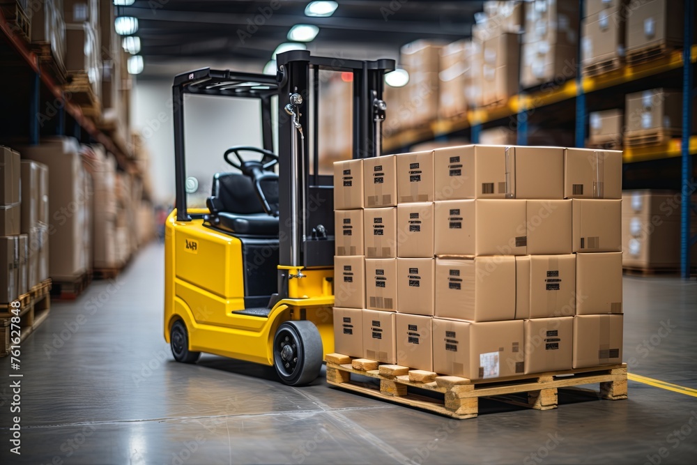 Cardboard boxes on hand pallet truck at storehouse. A pallet truck with ...