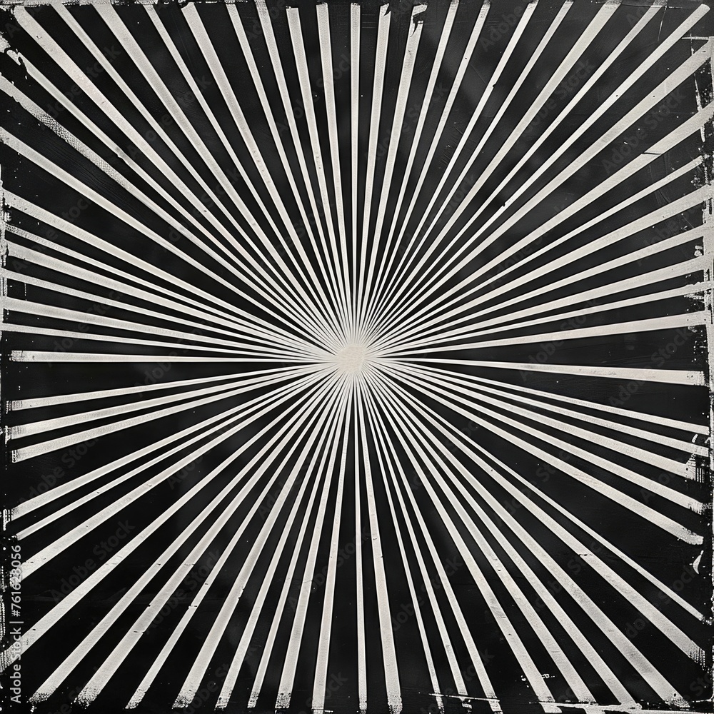 An abstract black and white illustration of lines radiating from a central point, resembling a sunburst or starburst pattern