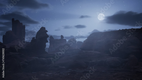 Rocky Desert with Rock Formations. Sandstone. Cloudy Night sky with stars and moonlight.