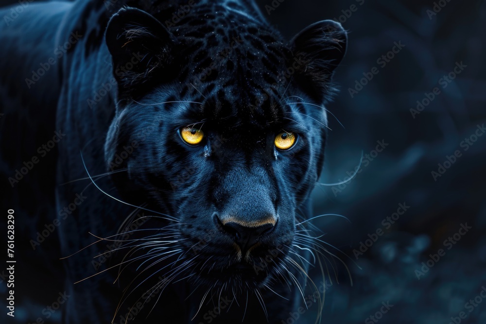 A powerful portrait of a black panther in the darkness, with its piercing yellow eyes standing out
