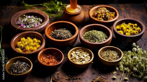 assortment of dry tea in wooden bowls  healing herbs in with chamomile and essentials  panorama backgrounds banner. 