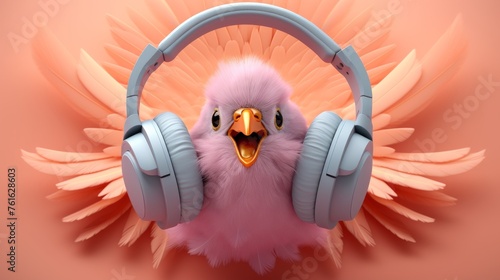 Pink Bird Wearing Headphones