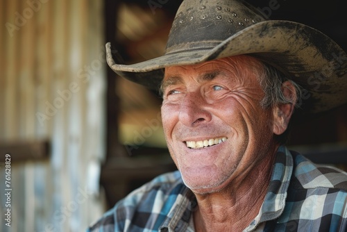 A man wearing a cowboy hat, his face creased with a broad, genuine smile, giving a feeling of warmth, friendliness, or contentment