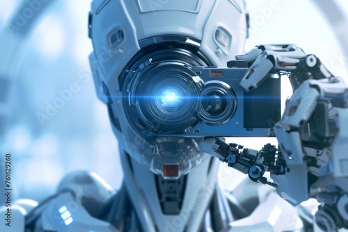 Portrait of a humanoid robot working with camera in hand. Concept of video surveillance using artificial intelligence.