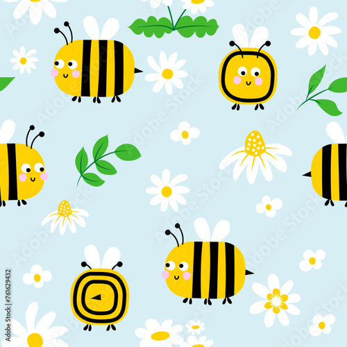Cute honeybees seamless pattern. Seamless background with bumble bees. Simple pattern. Vector illustration.