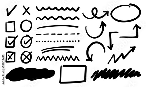 Marker check box collection - Doodle set with arrows, checkmarks, line symbols for digital notes.