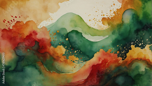 An abstract watercolor background blending golden  green  and red hues in a Japanese-inspired style  creating an artistic representation with an Eastern flair.