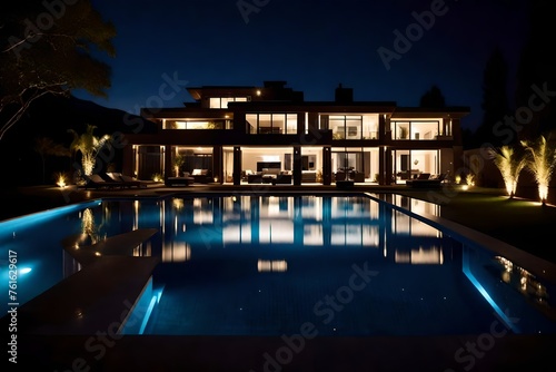 luxury house in night with pool water reflaction © Muhammad