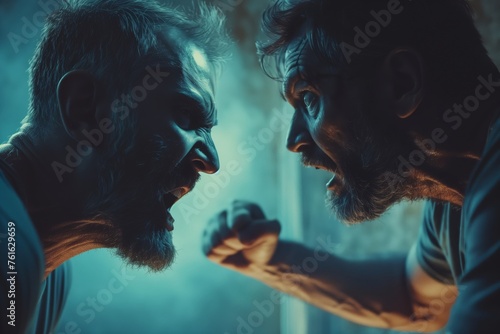 Aggressive behaviour of the adult man toward another adult man. Bad relationships, violence, fighting, melee combat concept.