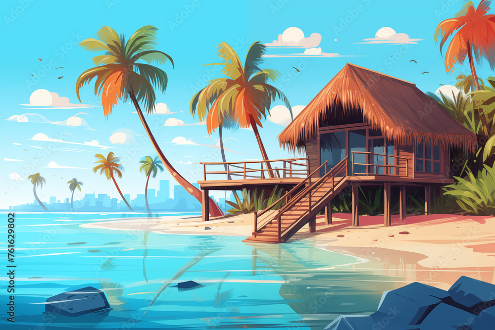 Cartoon marine landscape with cottage. Maldives hotel resort huts on sea, beach house with terrace for summer recreation. Trendy flat design modern illustration