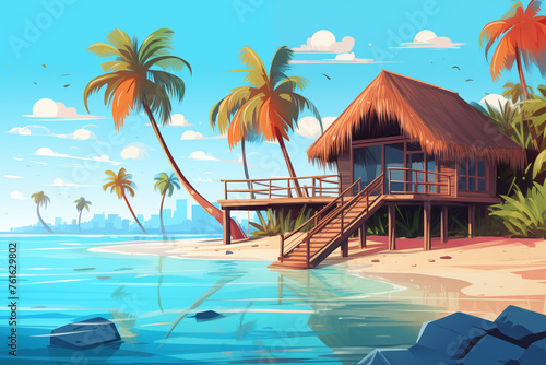 Cartoon marine landscape with cottage. Maldives hotel resort huts on sea  beach house with terrace for summer recreation. Trendy flat design modern illustration