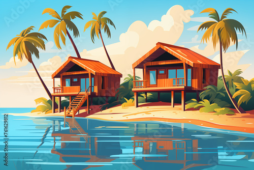 Cartoon beach houses. Tropical island landscape with summer resort and palm trees and wooden bungalow, exotic paradise panorama with villa. Flat illustration