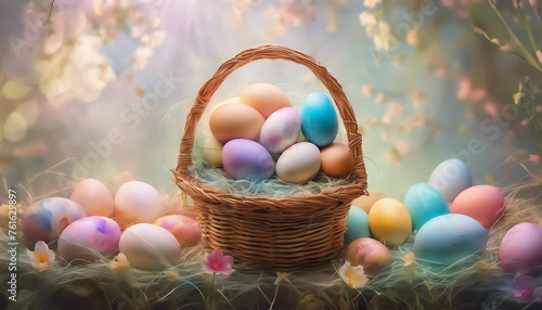 Easter eggs in a basket. Colored eggs Festive Easter fairy background. AI generated