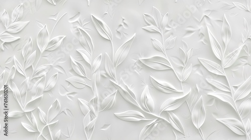 a white  simple modern design with subtle  minimalist botanical relief in a textured art piece made of plaster  forming a seamless pattern. SEAMLESS PATTERN