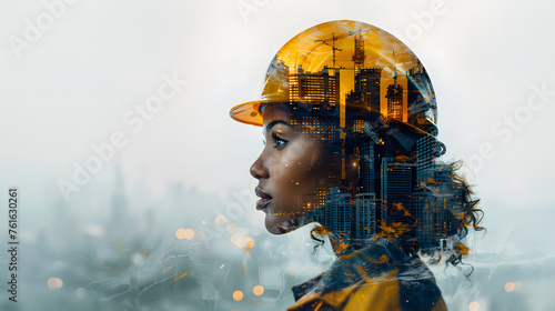 Collage silhouette of a woman in profile in a yellow helmet, in a silhouette image of buildings under construction. Double exposure of female construction worker in helmet and cityscape. Mixed media.
