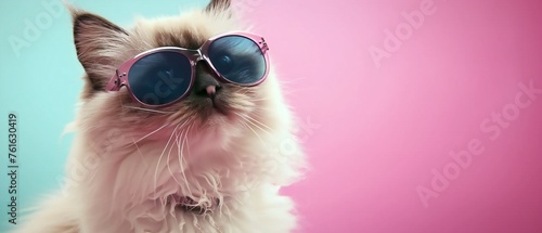 Fashionable cat with sunglasses on pink background