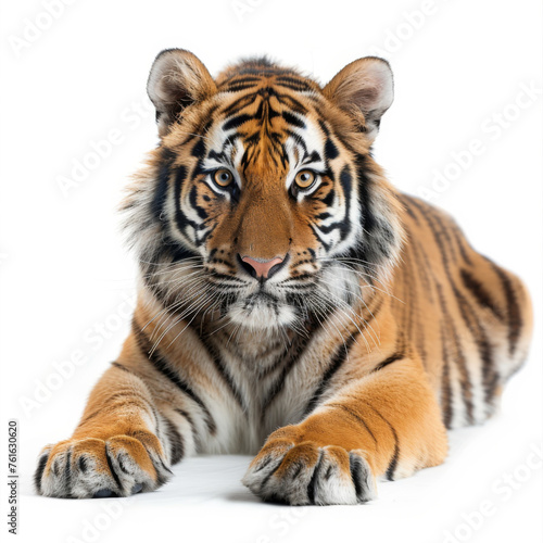 Majestic young Bengal tiger lying down  isolated on a white background with a piercing gaze.