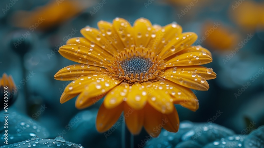 a close up of a yellow flower with drops of water on it's petals and the center of the flower. a close up of a yellow flower with drops of water on it's petals and the center of the flower.