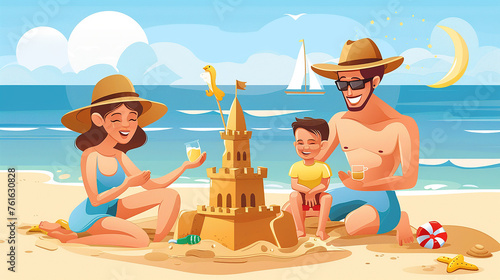 
adesivo de uma família feliz construindo um castelo de areia em uma praia ensolarada, o oceano ao fundo, céu azul claro acima photo