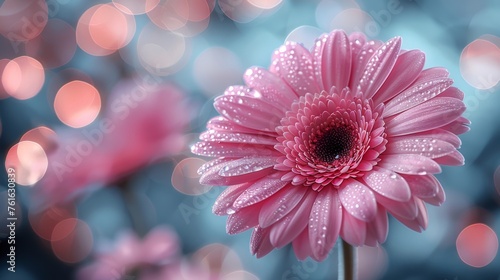  a close up of a pink flower with drops of water on the petals and a blue boke of lights in the background.