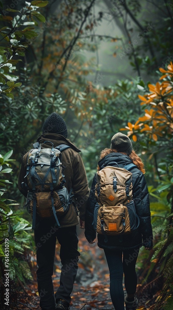 Asian couple of travelers in warm clothes with backpacks walking up on narrow path among green trees and bushes during hike